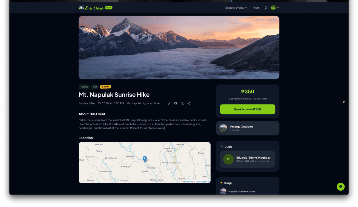 EventTara event detail page with booking and route map