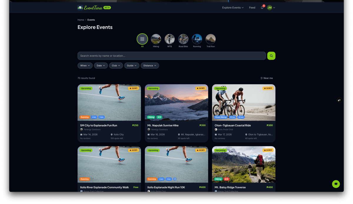 EventTara events listing page showing hiking, biking, and running events